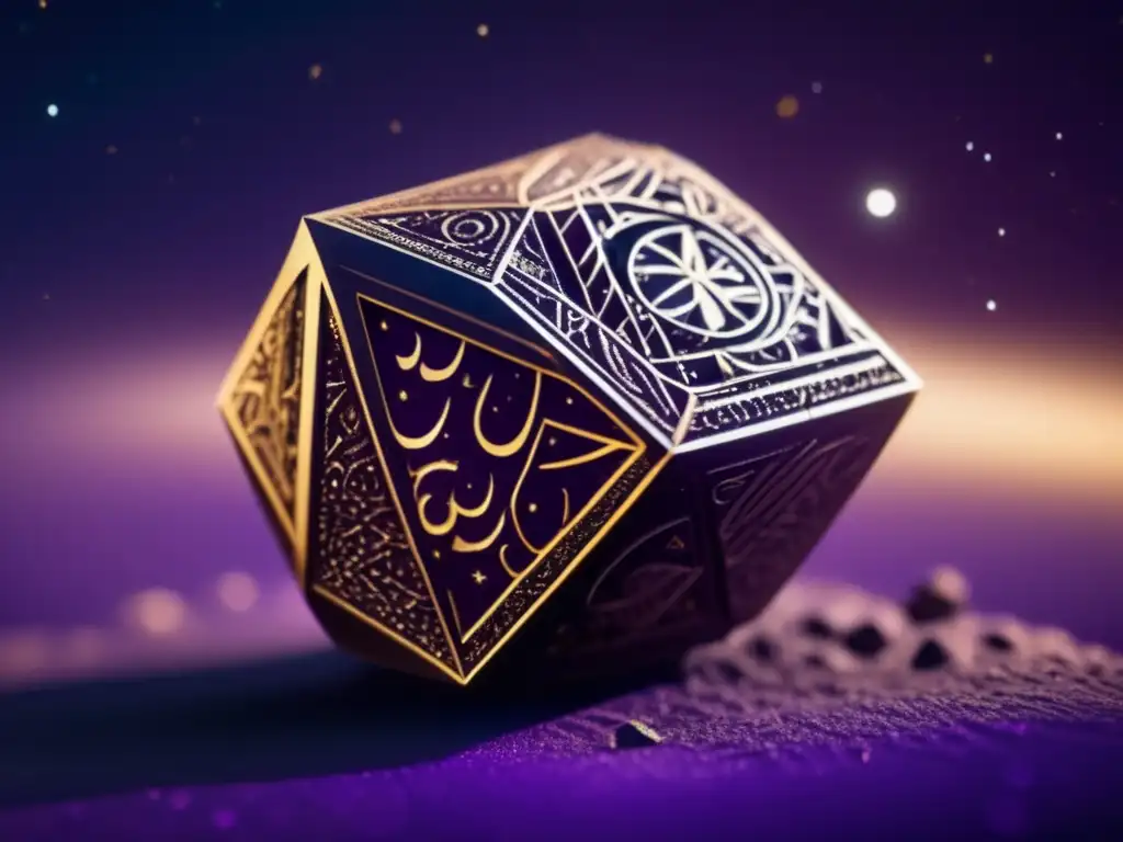 A closeup of a small asteroid, intricately etched with angular Arabic calligraphy, glowing golden in the deep, rich purplishblack cosmic backdrop