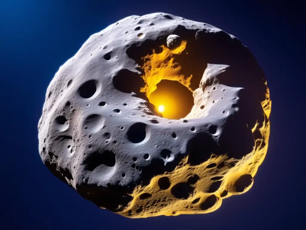 An otherworldly asteroid, 10 km in diameter, illuminated by a yellow light source in a deep blue backdrop