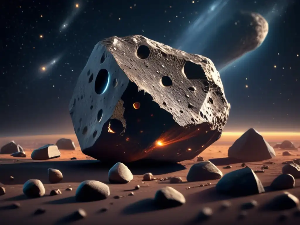 An intricate photorealistic image of an asteroid, with jagged edges and rocks lit by a bright star field against a dark space backdrop