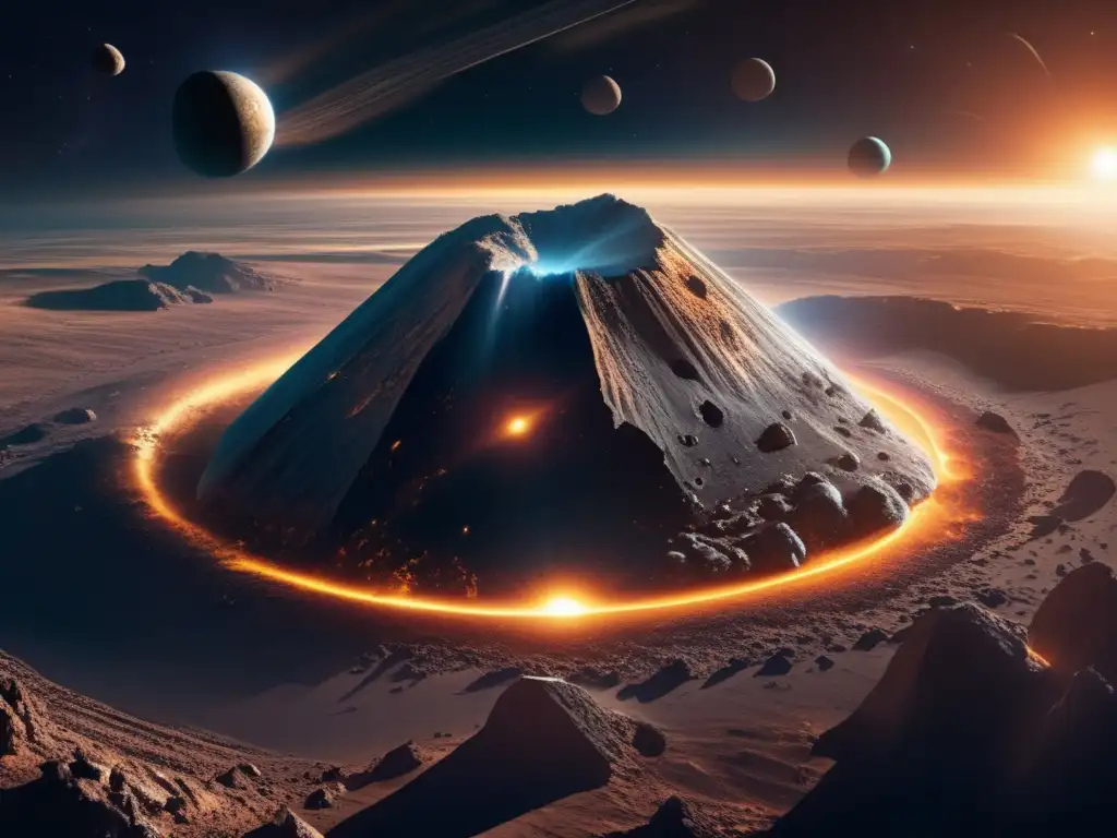 A photorealistic depiction of a colossal asteroid speeding through the vacuum of space, its surface adorned with intricate geological formations and architectural details, beautifully lit by a distant sun