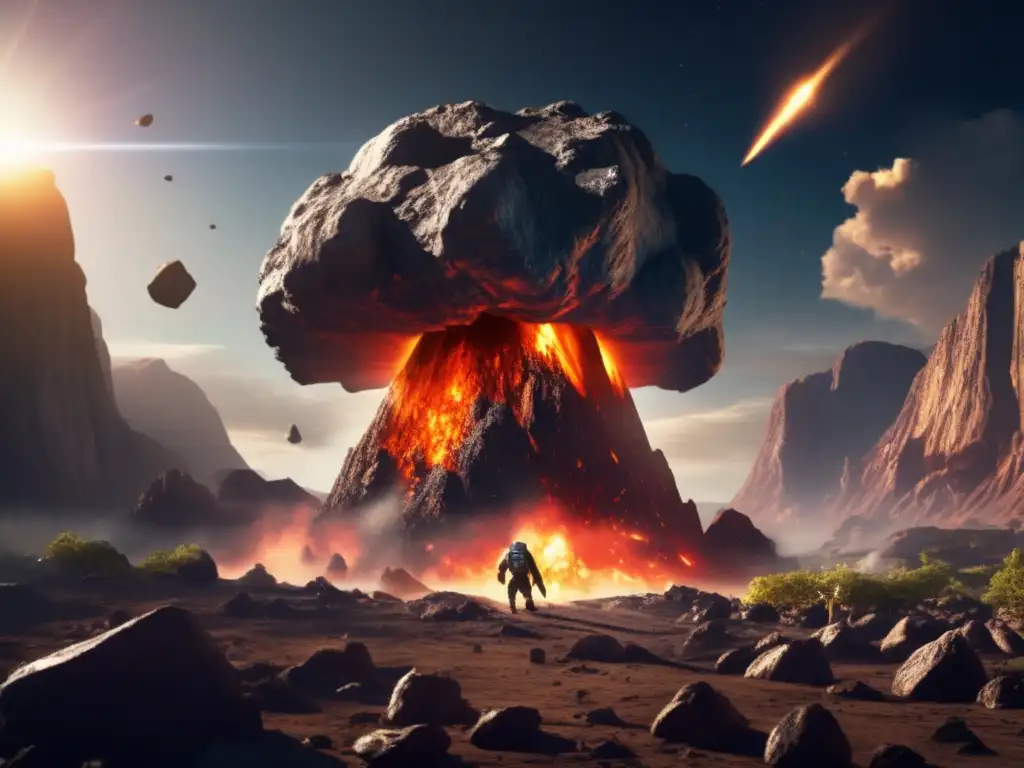 A colossal 1/2 moon-sized asteroid with jagged rocks pummels Earth in a cataclysmic collision, ending the Dino era --