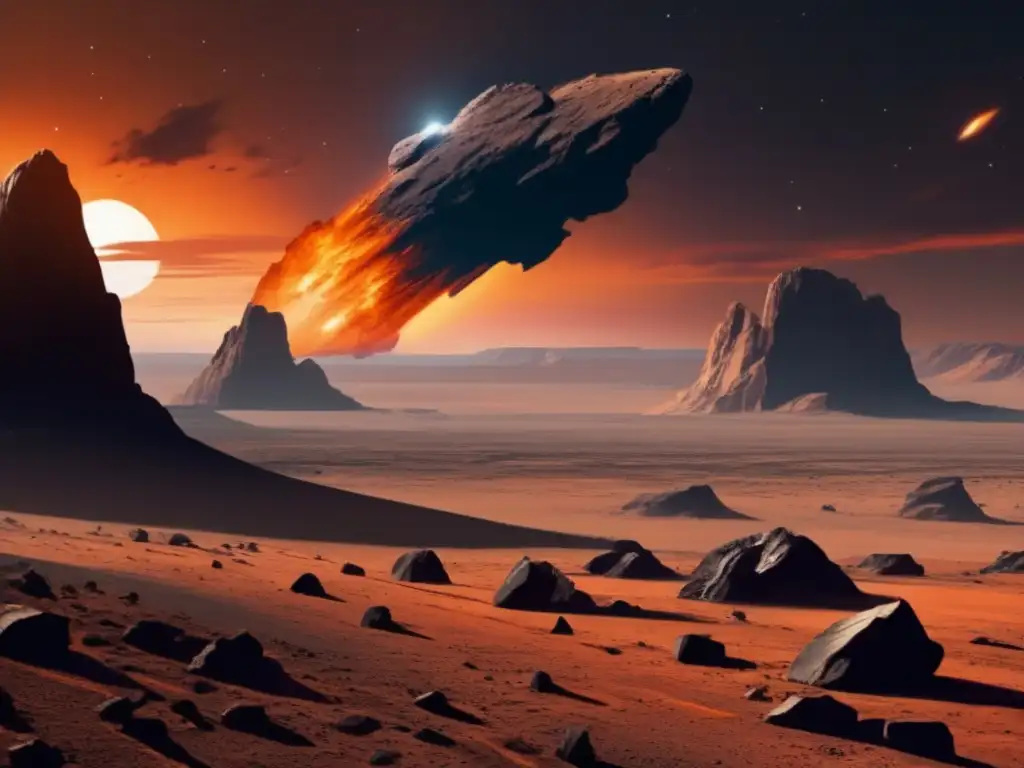 A cinematic, photorealistic image of a large asteroid appearing in a barren landscape, imminently impacting the surrounding area