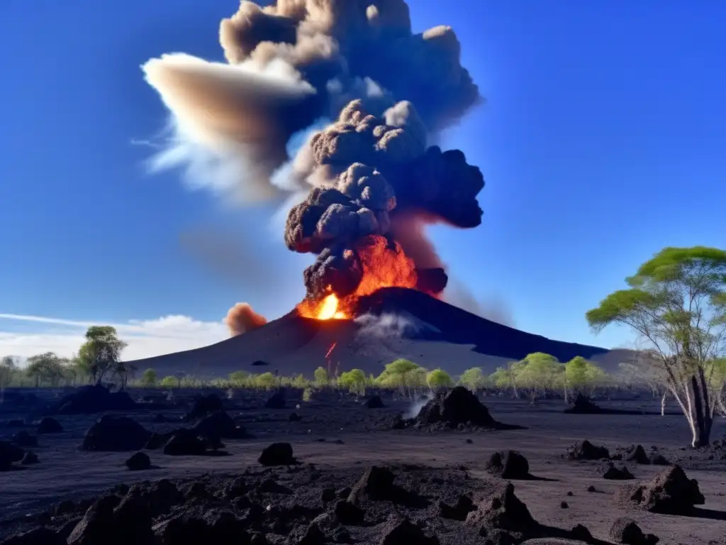 The aftermath of the massive asteroid impact on Earth: a cloudless blue sky, ruined trees, and a volcanic eruption