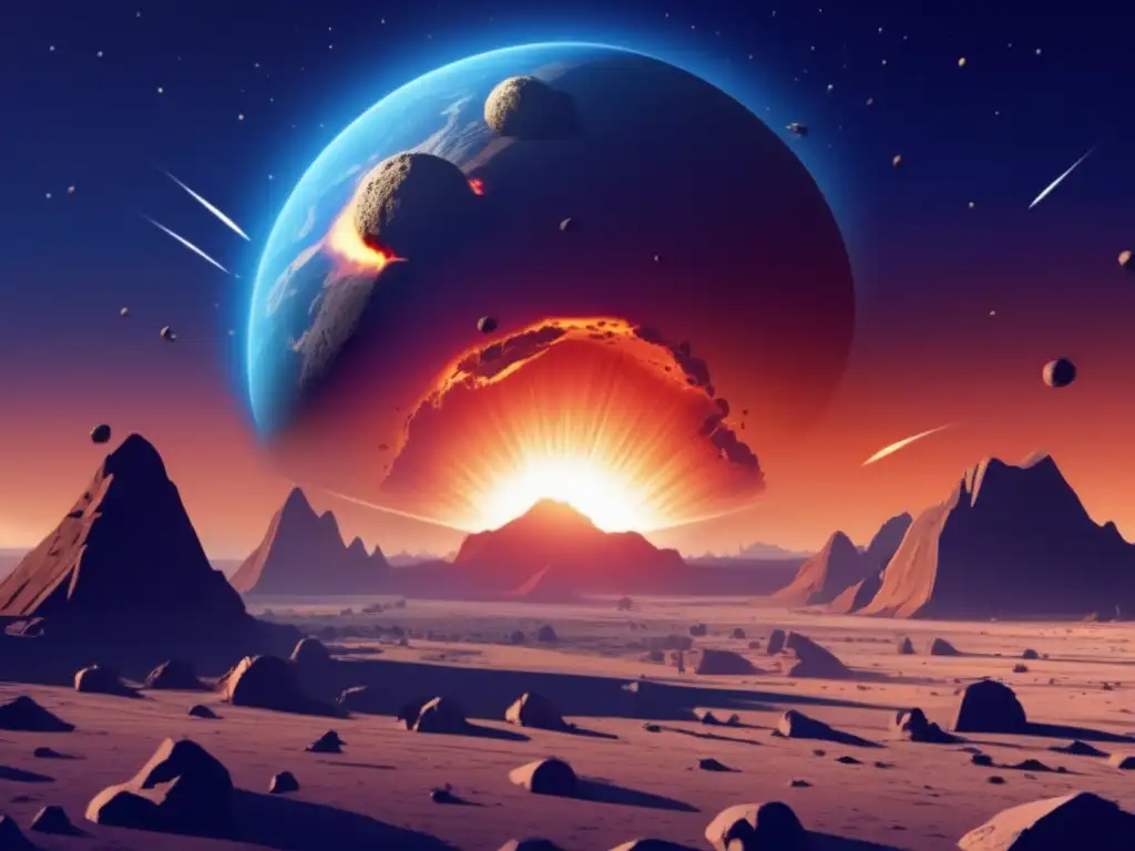 A 2D illustration of a hypothetical asteroid impact on early Earth, depicting the cataclysmic explosion and craters on a barren landscape