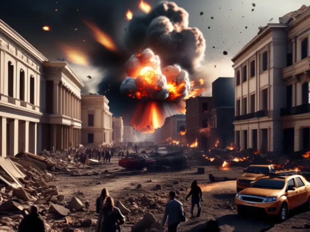 A photorealistic depiction of the devastation caused by the catastrophic asteroid impact in ancient Babylon