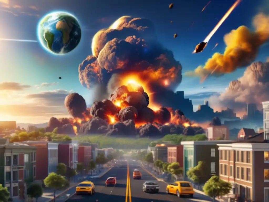 A photorealistic depiction of Earth under attack by an asteroid, with vivid details of the explosion, smoke, fire, and debris