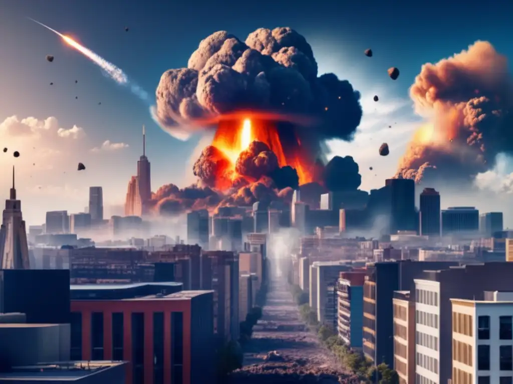 A photorealistic depiction of a devastating asteroid impact on a city