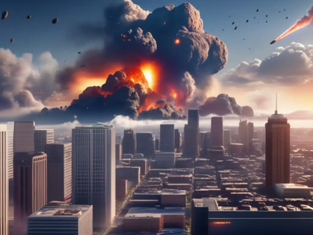 The devastating asteroid impact depicted in this photorealistic rendering wreaks havoc on the city skyline