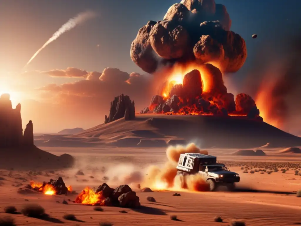 A devastating asteroid impact in the barren desert scene, photorealistically depicted with detail, causing the desert sun to cast stark shadows