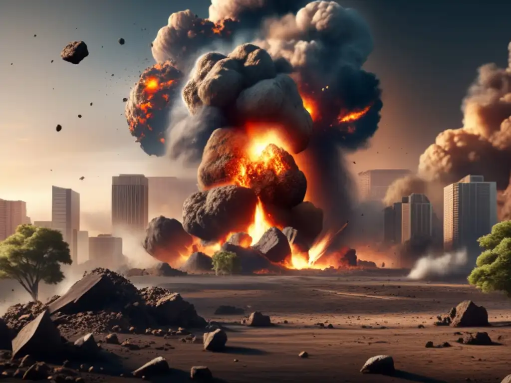 A photorealistic, 8k resolution image shows the aftermath of an asteroid strike on Earth