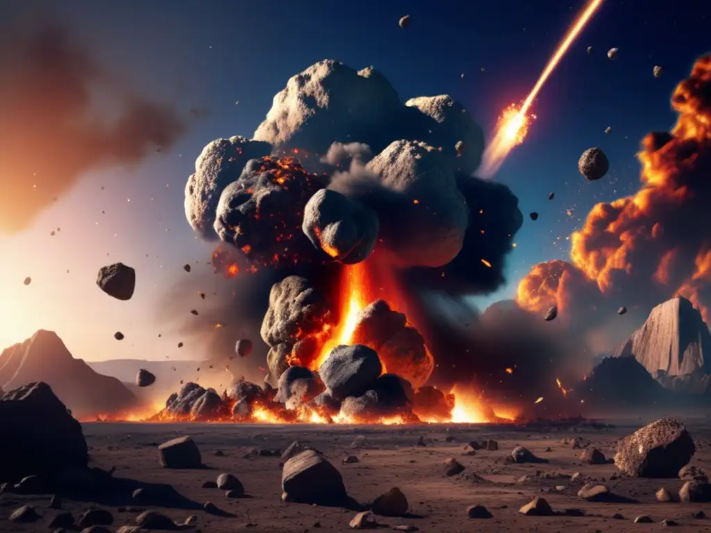 A photorealistic depiction of an asteroid impact, showcasing the catastrophic aftermath of a collision, including smoke, dust, and fire