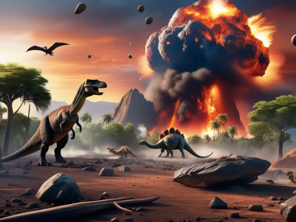 A photorealistic image of a monstrous asteroid collision with Earth, causing devastation and extinction for a prehistoric world