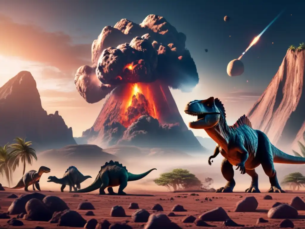 A photorealistic depiction of a devastating asteroid impact on a planet with dinosaurs in the background