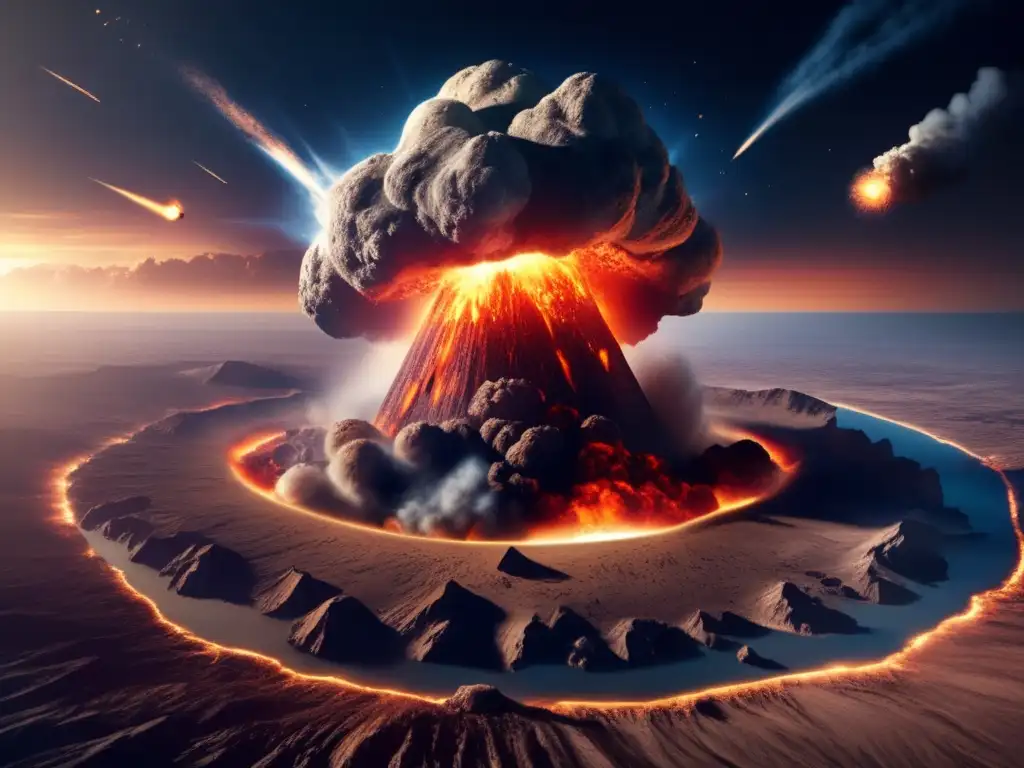 A photorealistic depiction of an asteroid colliding with Earth's surface, causing an explosion that ejects a cloud of dust and debris