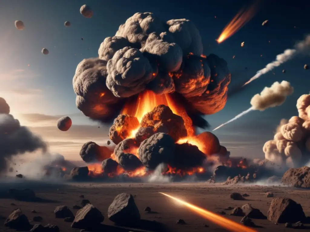 A photorealistic depiction of an asteroid impact on Earth, with explosive force, debris, and smoke