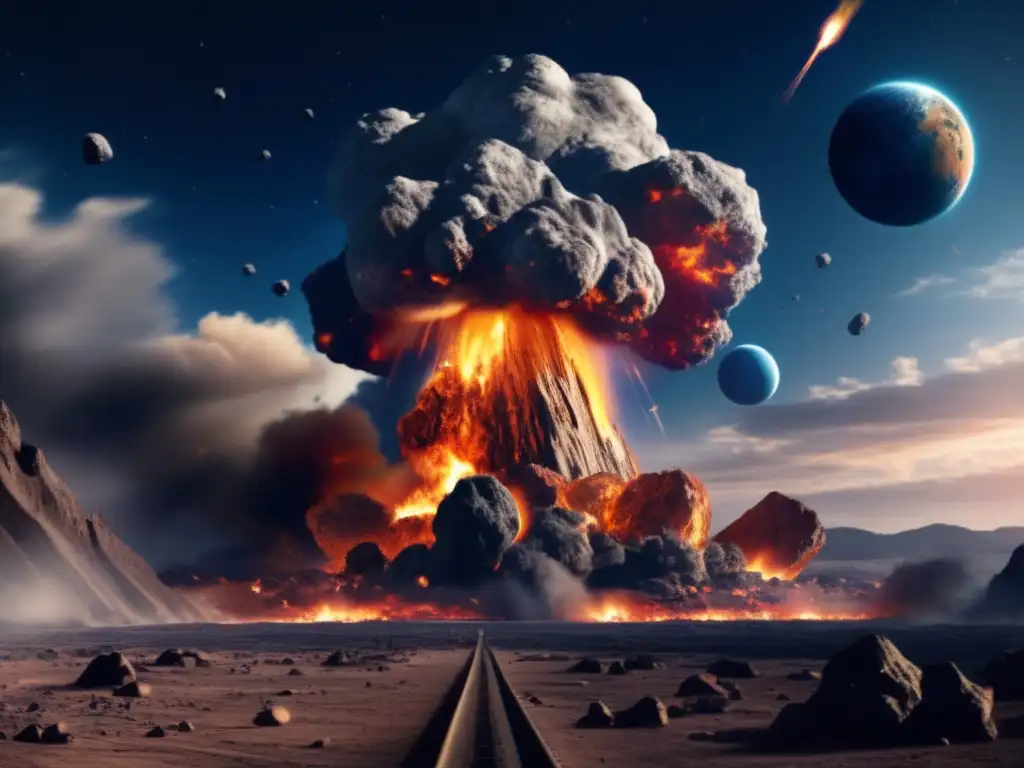 An image of a massive asteroid impact on Earth, where people flee from debris, fires, and destruction