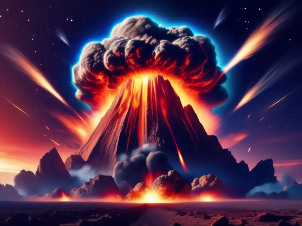 A catastrophic asteroid impact ravages Earth, causing an immense explosion and destruction of life