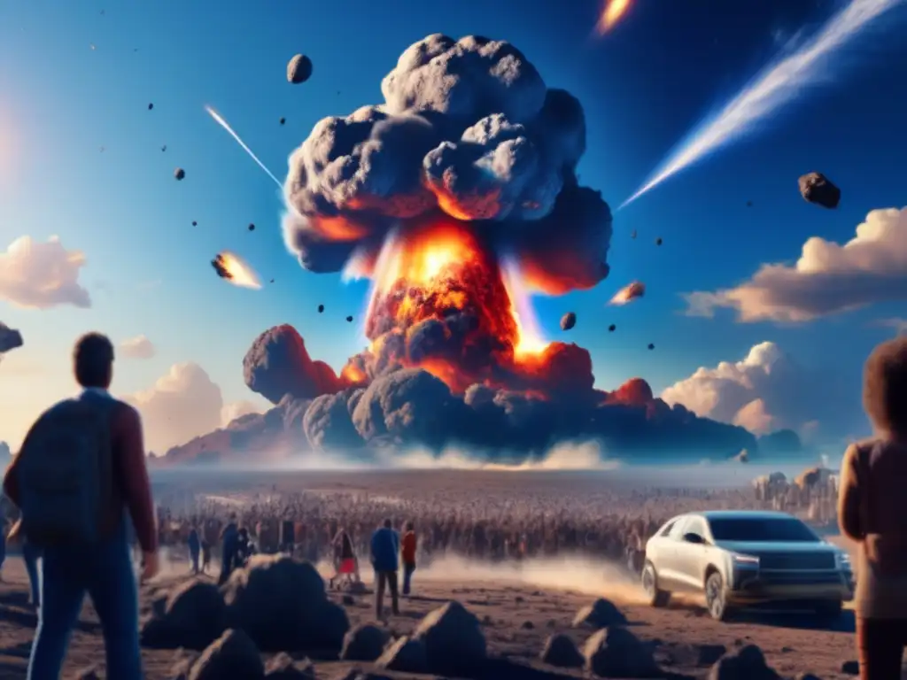 A cataclysmic moment in time, captured in photorealistic style, where an asteroid impact destroys the world as we know it