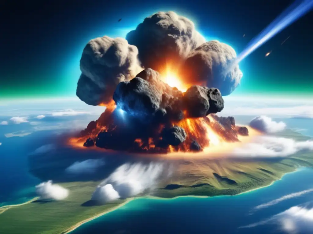 A photorealistic depiction of a massive asteroid impact on Earth, viewed from space