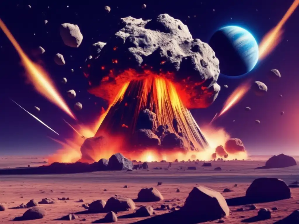 An asteroid hits a rocky planet's surface, causing a massive explosion that eventually leads to the formation of life
