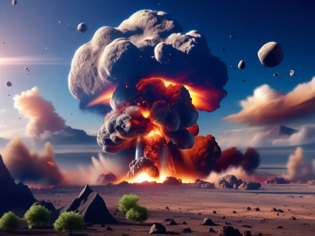 An asteroid impact on the Earth's surface causes a massive explosion, with a vivid photorealistic style capturing the scientific tone