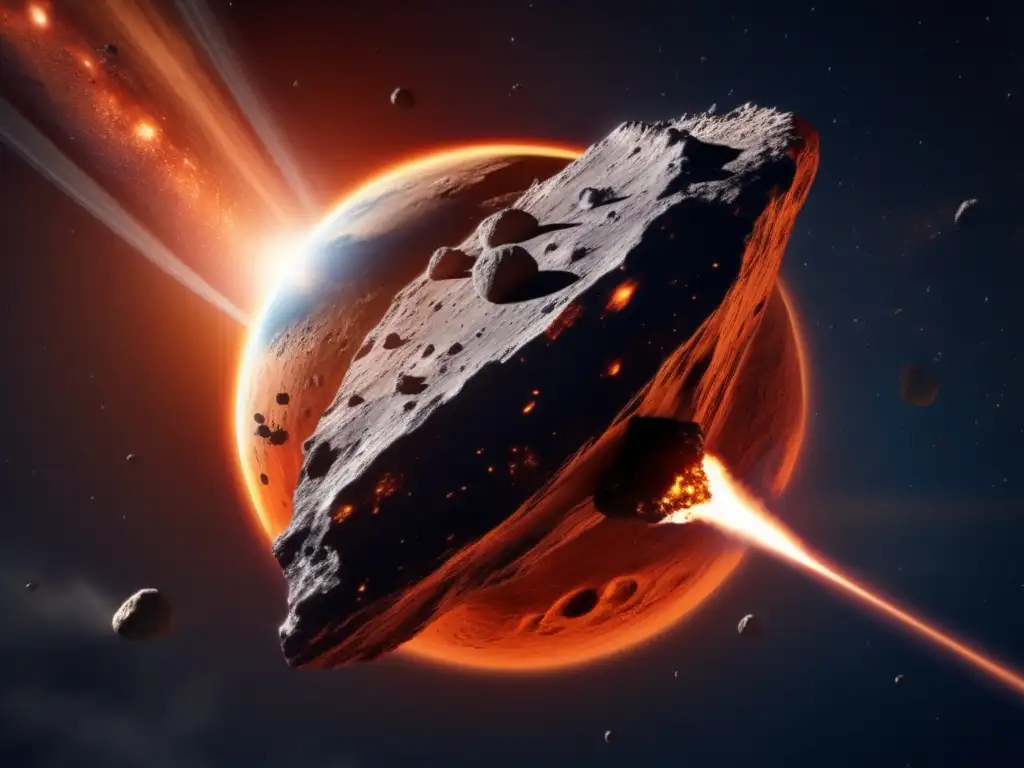 A perilous asteroid attacks Earth with a fiery orange glow, spewing rocks and debris while leaving a serene planet in its wake