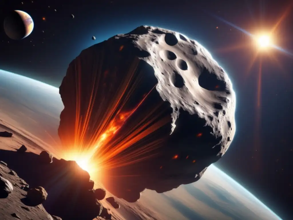 This photorealistic image depicts a massive asteroid hurtling towards Earth, with a clearly defined impact site visible on the planet's surface