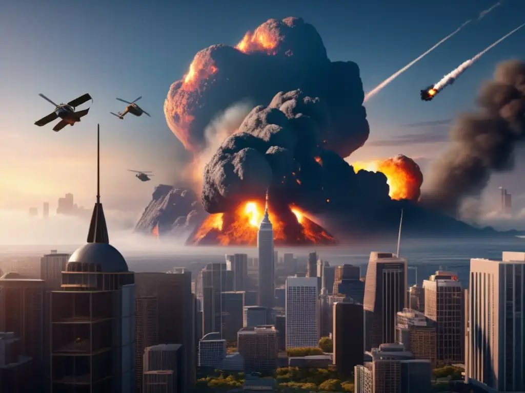 Dashing cars and buildings rocket through the smoke and debris in a city skyline during a massive asteroid impact