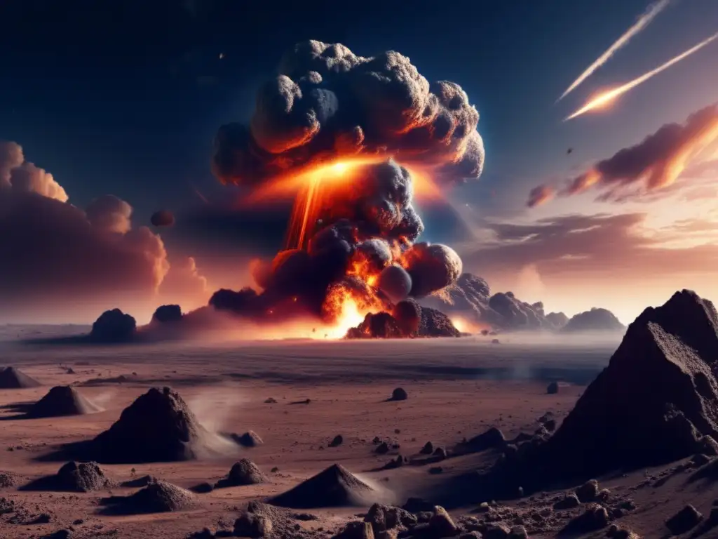 A photorealistic image of an asteroid impact on Earth, with vast destruction and deformation of terrain