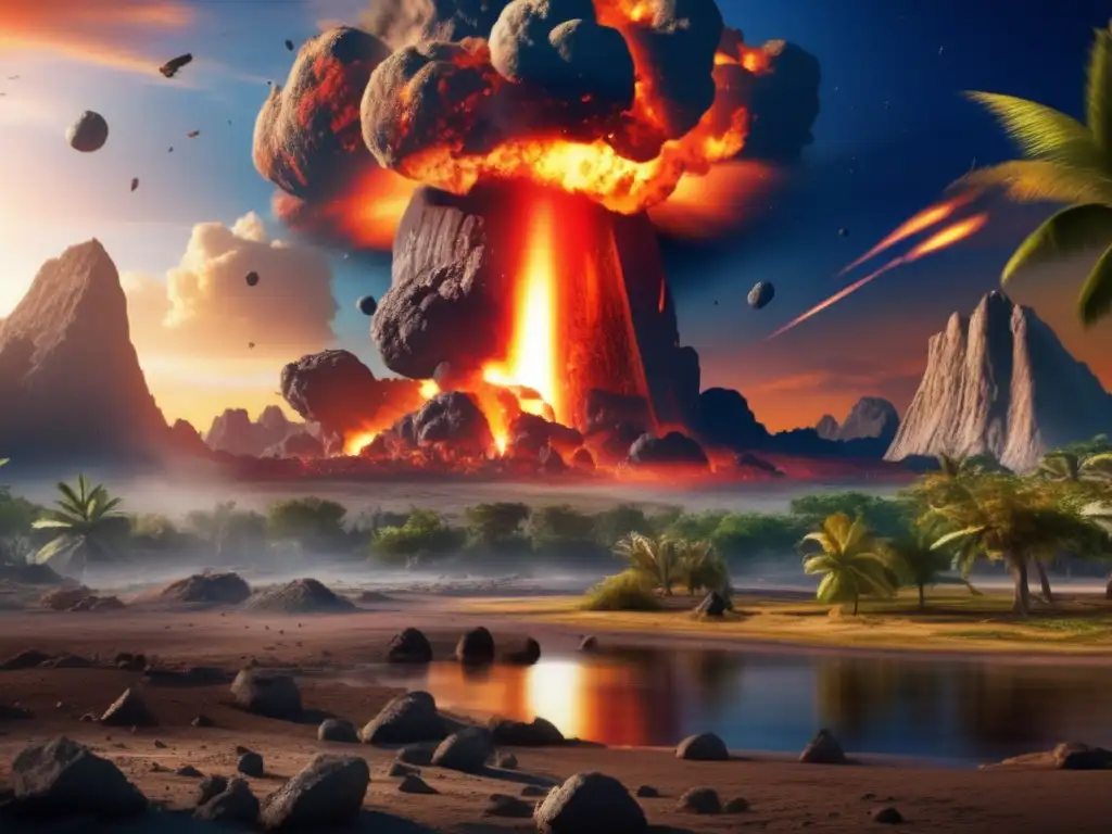 A breathtaking destruction captures asteroid impact on a prehistoric world, vivid colors and meticulous details