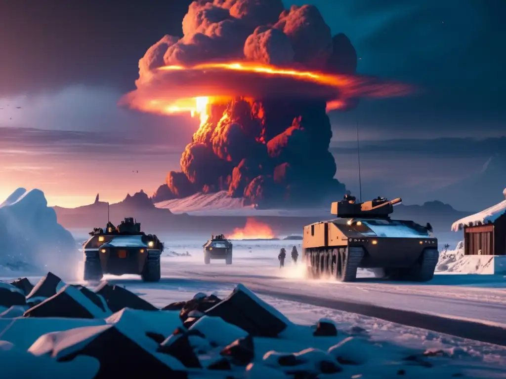 As the storm clouds gather, armored vehicles and personnel cling to the wreckage of a massive asteroid impact on Earth