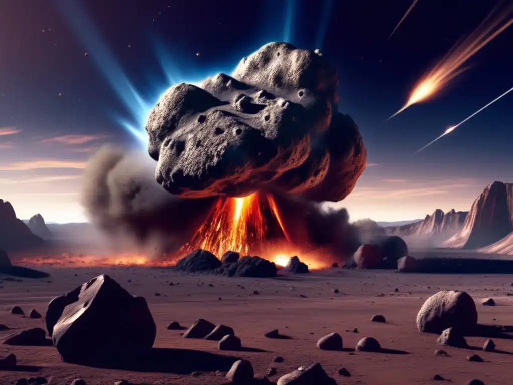 A photorealistic depiction of a catastrophic asteroid impact on a shattered planet, with craters and debris strewn across the landscape