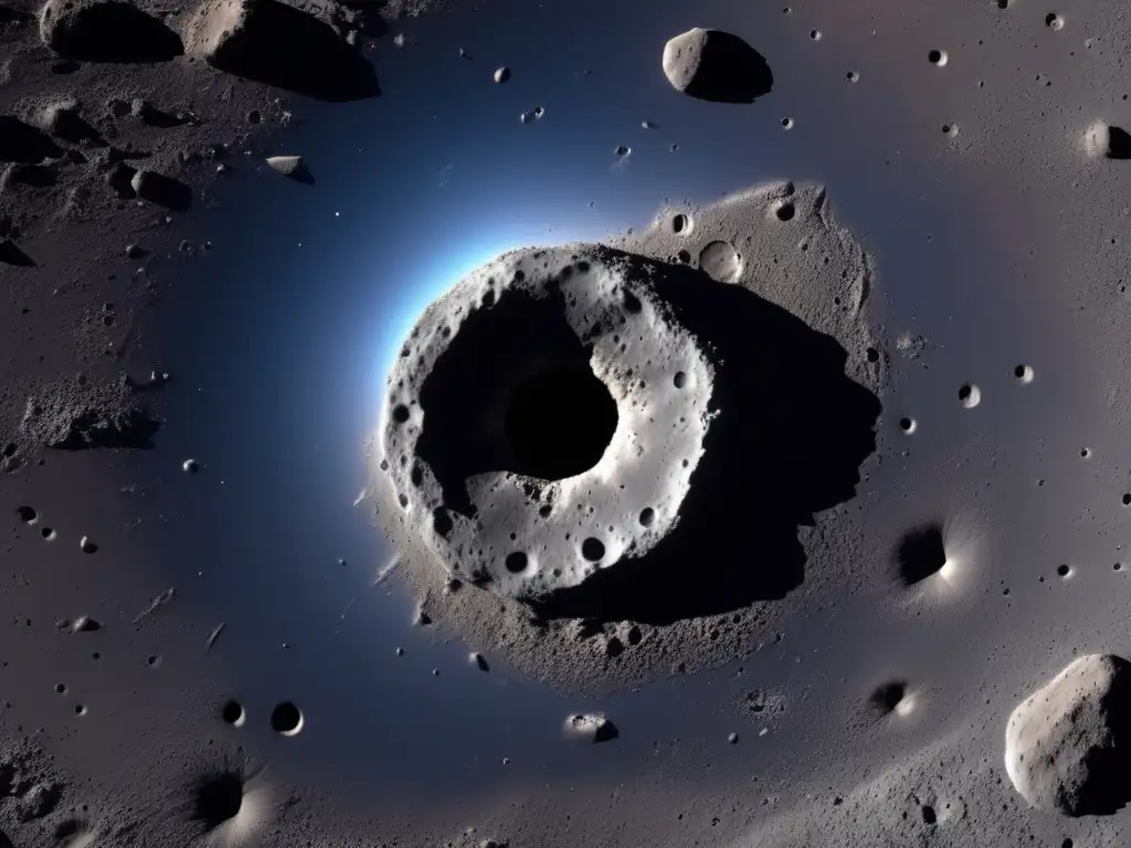 A sight of devastation: A massive asteroid impact site viewed from above, with visible craters, ejecta, and surrounding damage