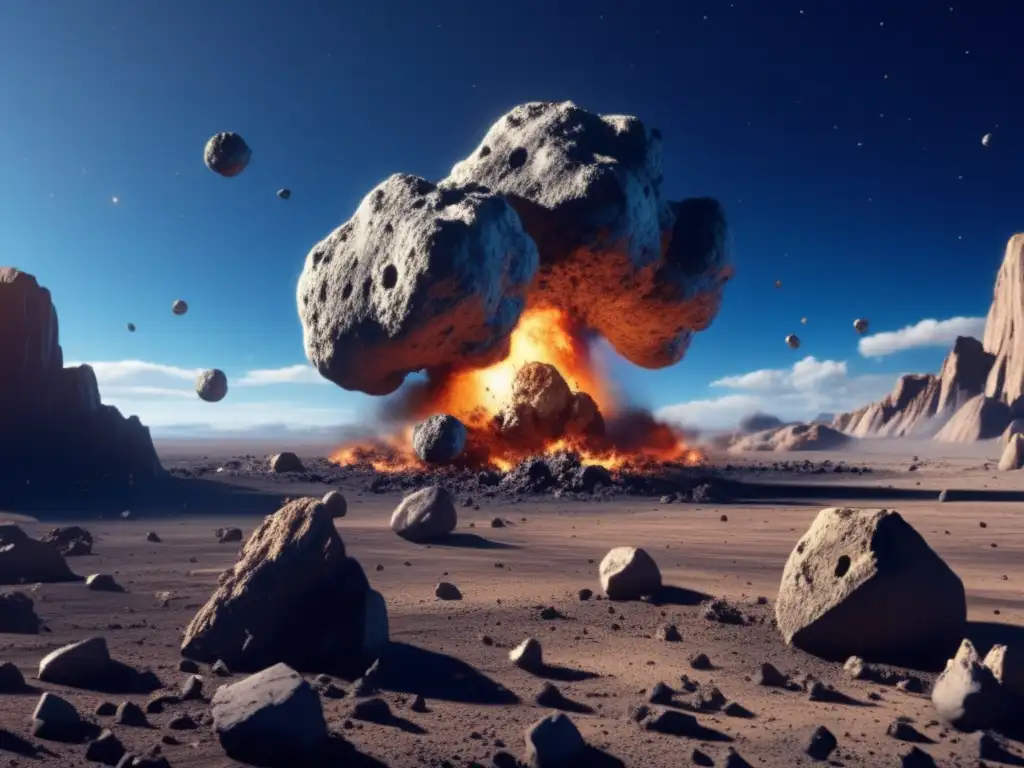 An artistically rendered photorealistic image of an asteroid impact site on a planet, showcasing the aftermath of a meteoroid collision with the surface, including cratering, debris ejection, and visible surface changes as seen from an elevated angle with a clear blue sky in the background