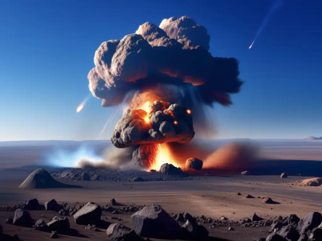 A stunning photorealistic depiction of an asteroid impact captures the essence of raw power and destruction