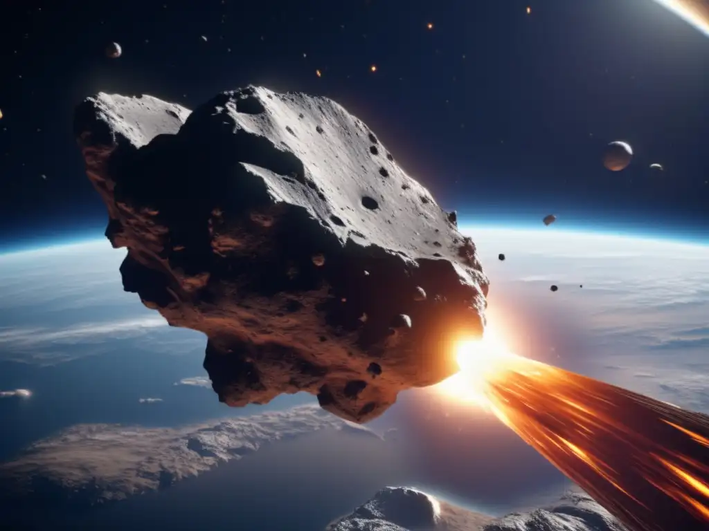 A stunning photorealistic image showcases an asteroid impactor barreling towards Earth, radiating jagged shards and debris