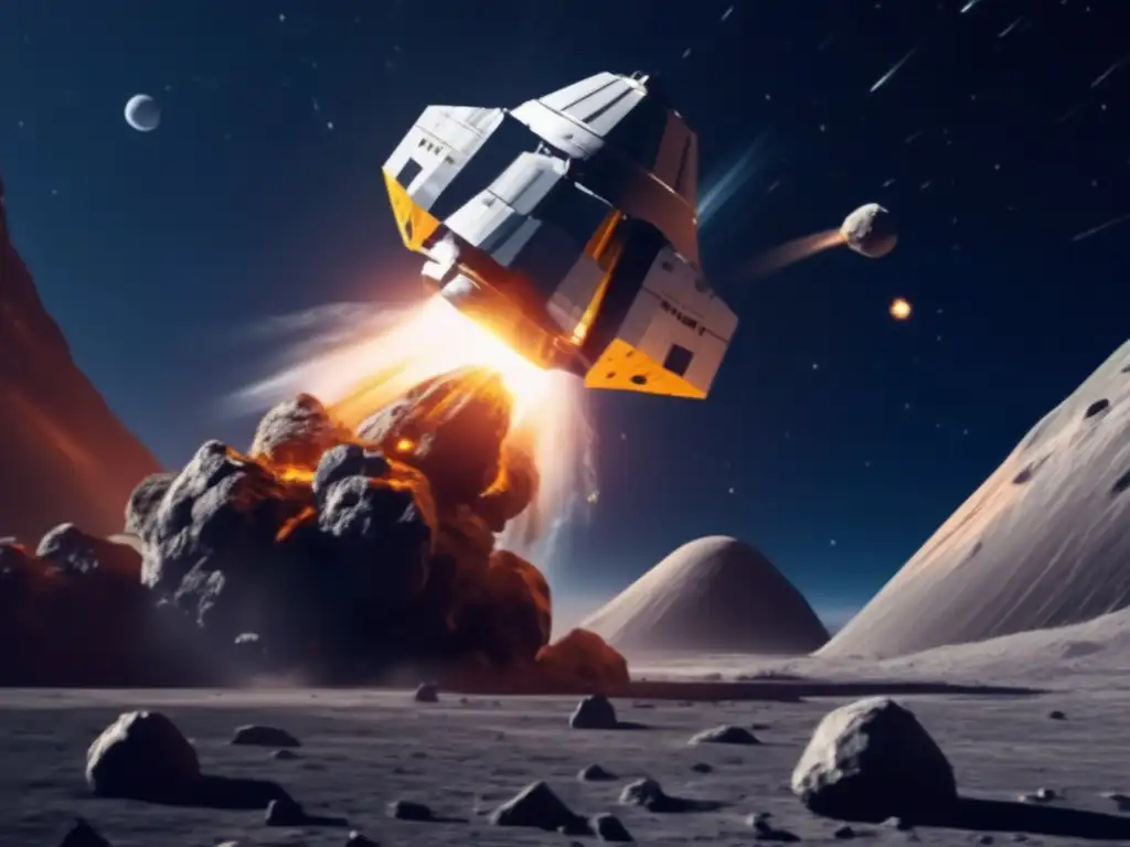 Dash: An image of a spaceship with kinetic impactors colliding with an asteroid in space