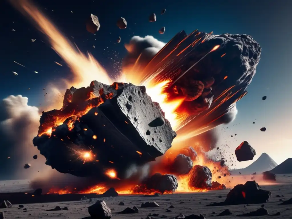 A catastrophic scene unfolds as an asteroid collides with a spacecraft, causing flames, smoke, and debris to fly in all directions