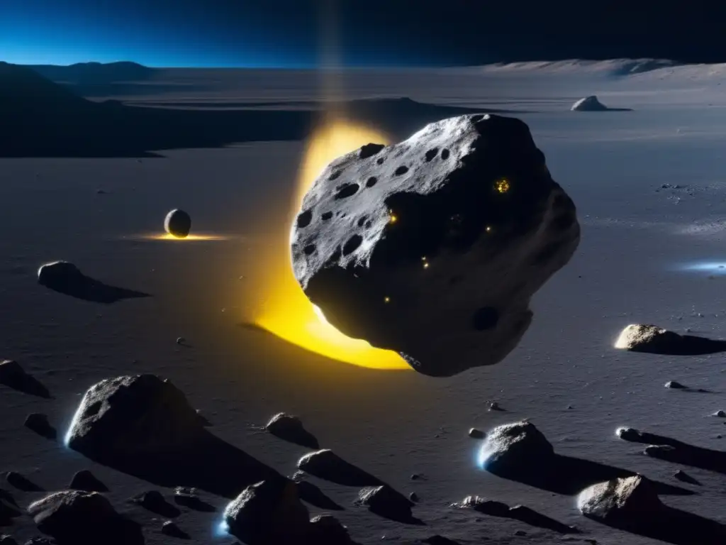An eerie blue liquid oozes down the jagged surface of a grey asteroid in outer space, bathed in bright yellow sunlight