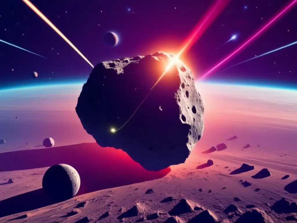 An image of a massive asteroid deflected by lasers, as viewed from a vantage point above Earth's surface