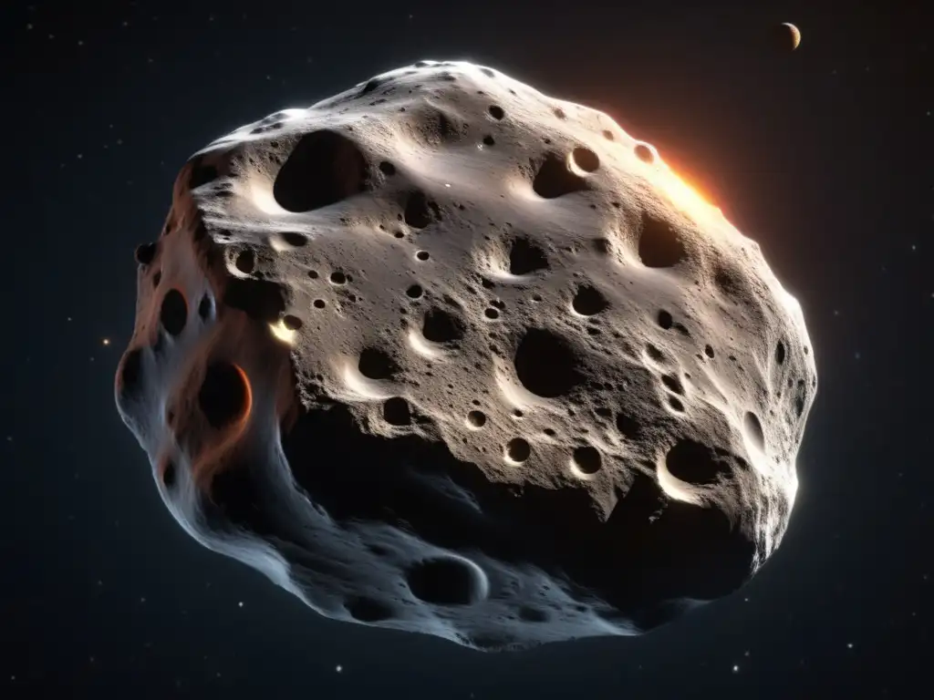 A photorealistic image of the asteroid Leukothea glows faintly against a black space background, appearing to rotate slowly