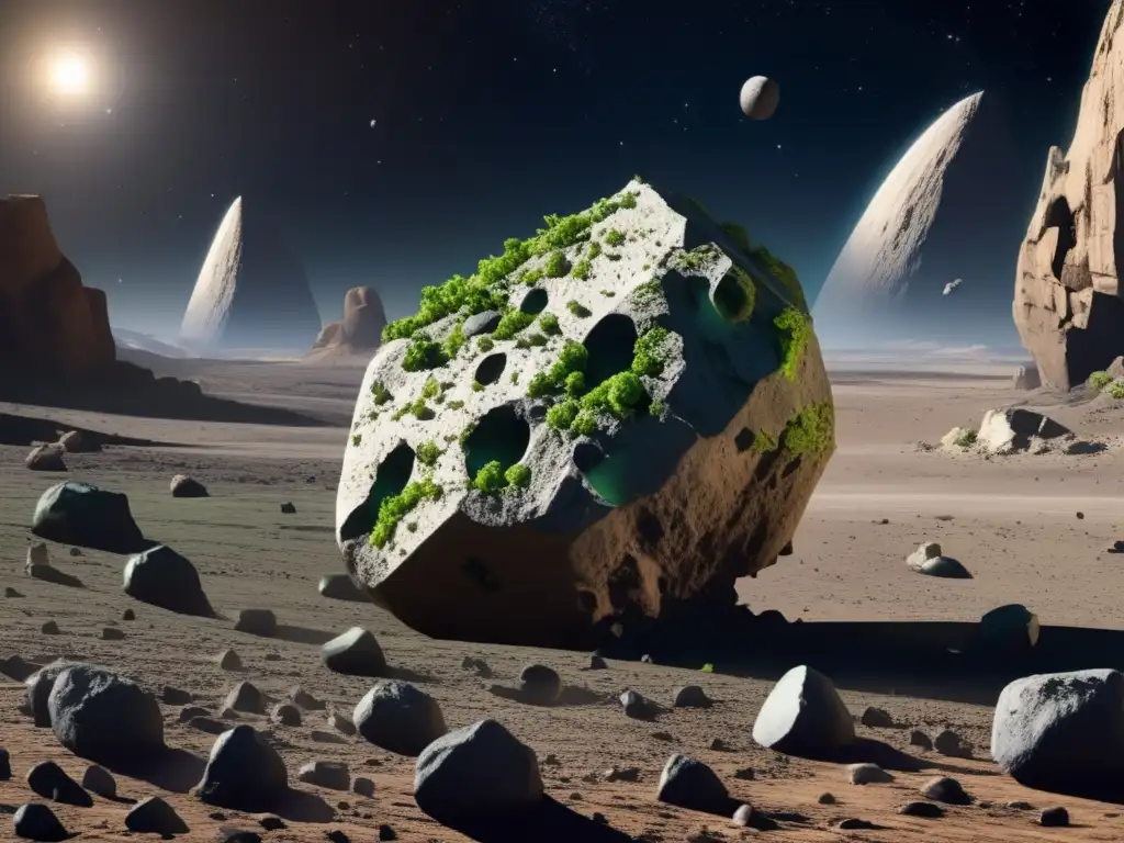 Photorealistic depiction of an asteroid's barren surface with vines reaching towards a distant star