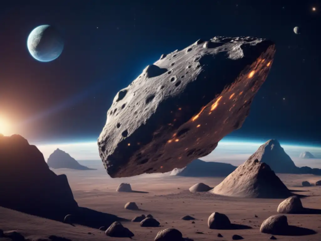 A striking photorealistic portrayal of Asteroid Lycaon orbiting Earth, with its rugged terrain and stark contrast against the sky