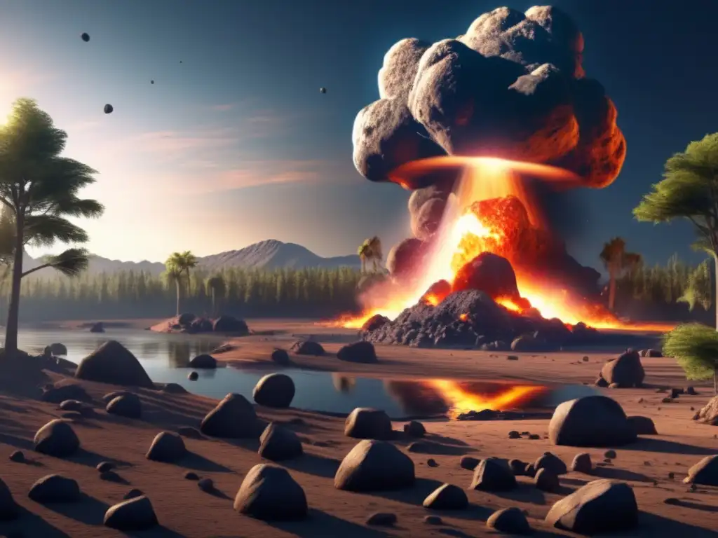 A photorealistic image of a massive asteroid impacting Earth, causing a mass extinction event