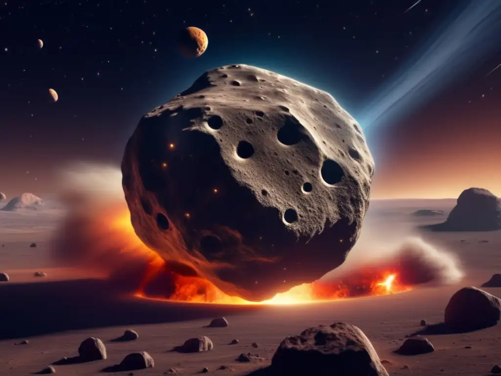 An photorealistic depiction of Asteroid Menelaus, floating in the depths of space with a swirling cloud of dust and debris surrounding it