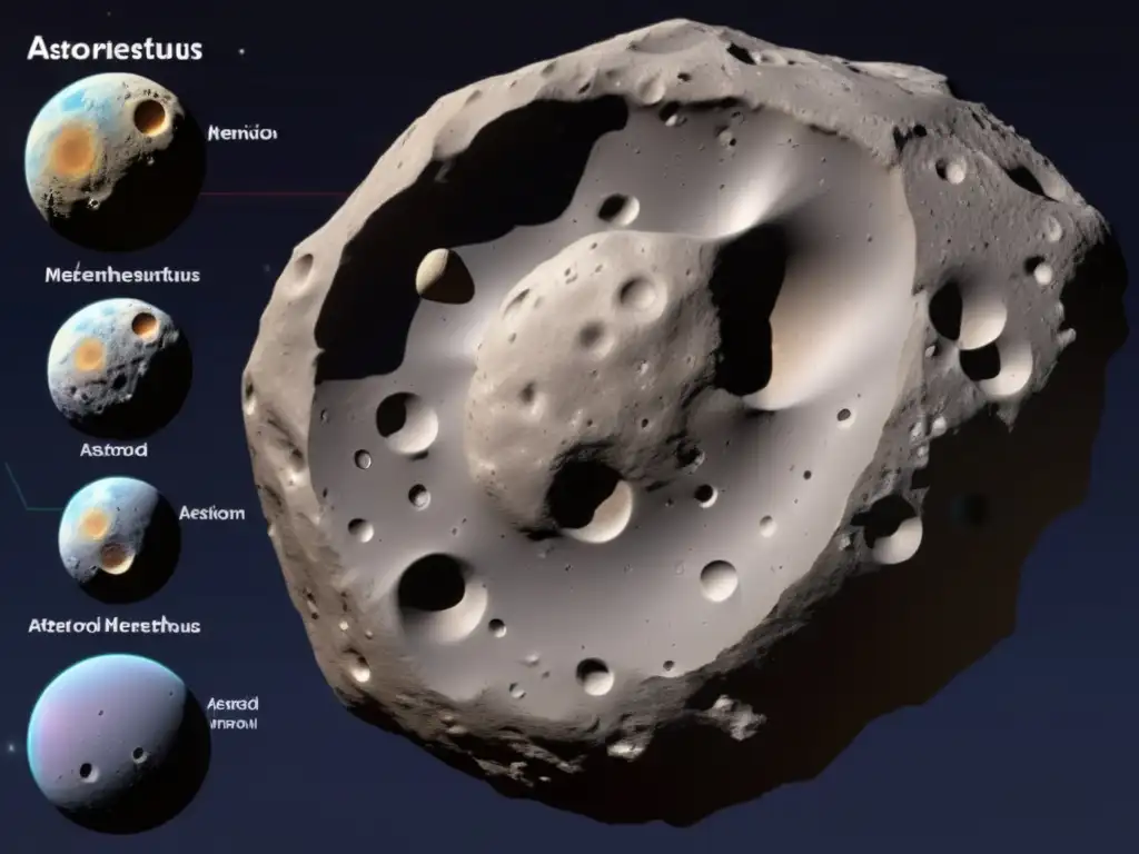 A stunning photorealistic image of Asteroid Menestheus, captured from multiple angles to showcase its massive port, craters, and unique features