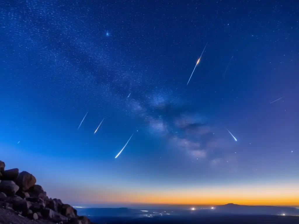 A stunning photorealistic image captures a meteor burning brightly against the dark blue sky in Earth's atmosphere, while an asteroid hits the horizon in the background