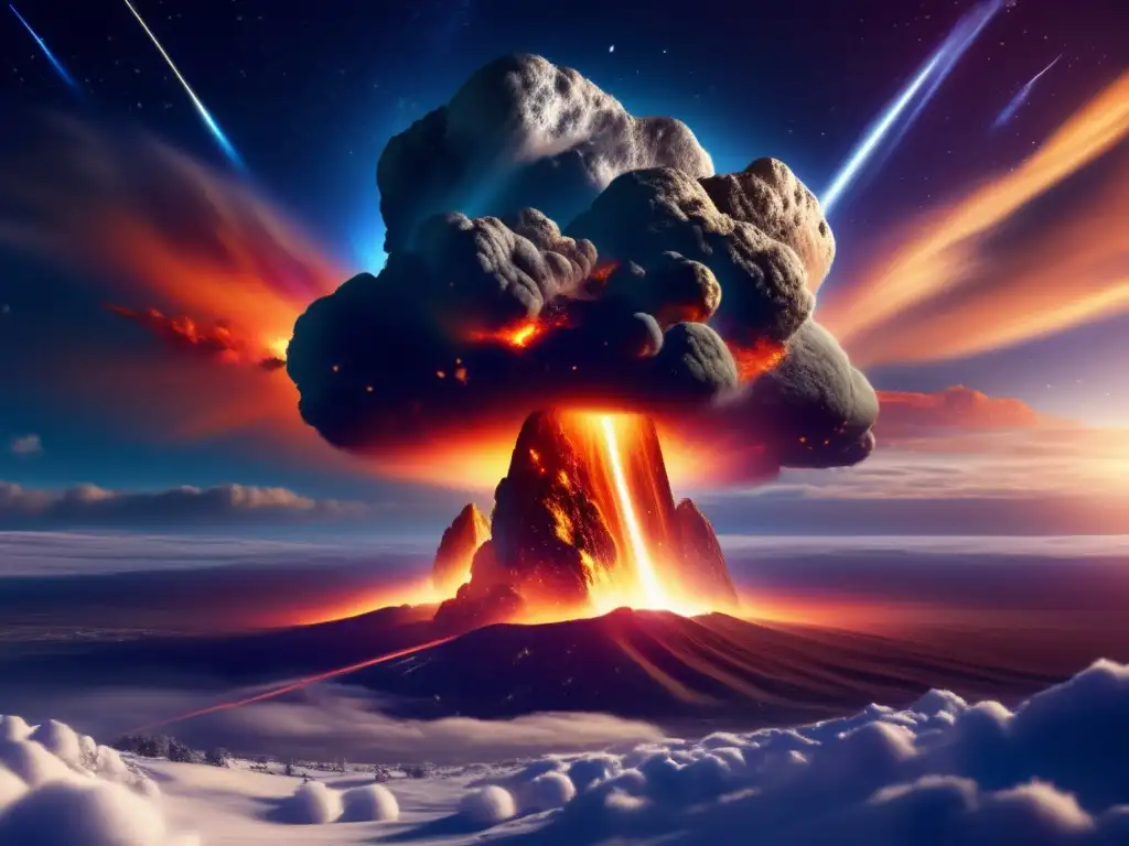 A stunning, celestial event, captured in photorealistic detail: an artistically rendered image of a large asteroid descending through Earth's atmosphere, creating a meteor shower as it disintegrates, surrounded by a vivid, swirling field of gases, flames, and shimmering particles, punctuated by streaks of lightning and a fiery tail, all viewed from an aerial perspective as the snowy landscape below slowly comes to life