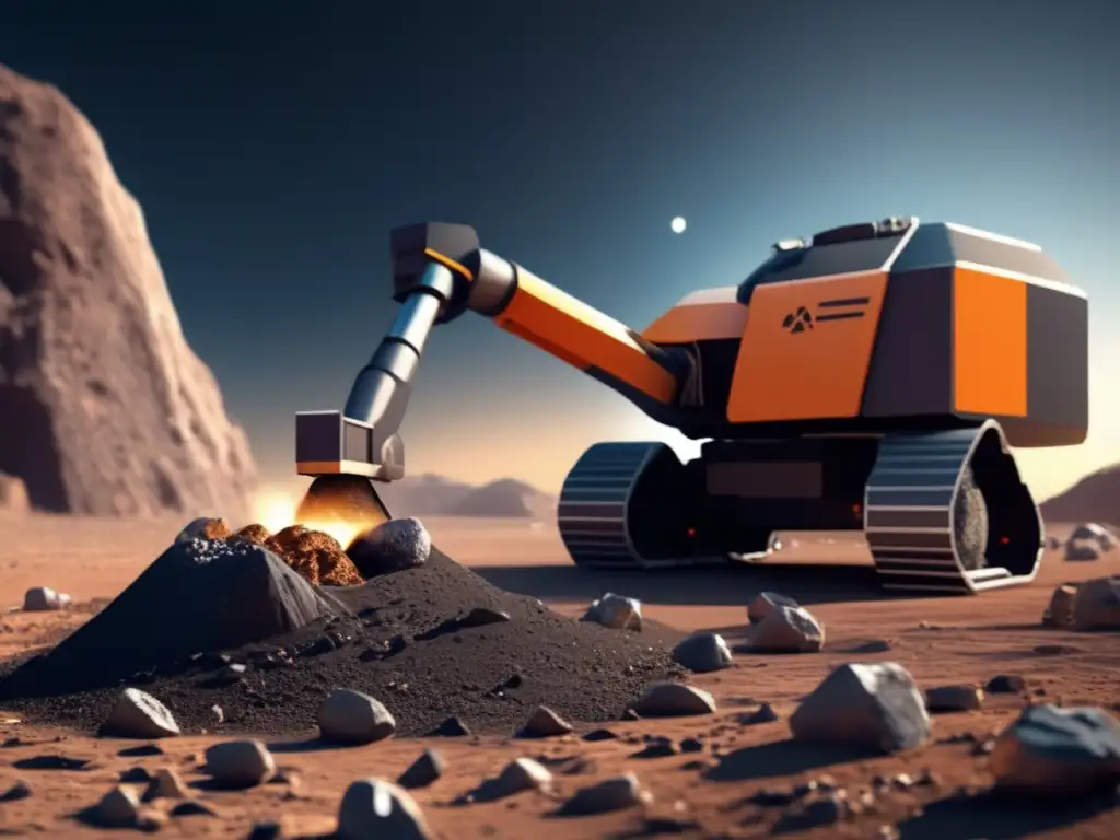 A photorealistic 3D model of an asteroid miner robot digs into an asteroid, equipped with a robotic arm to extract valuable resources