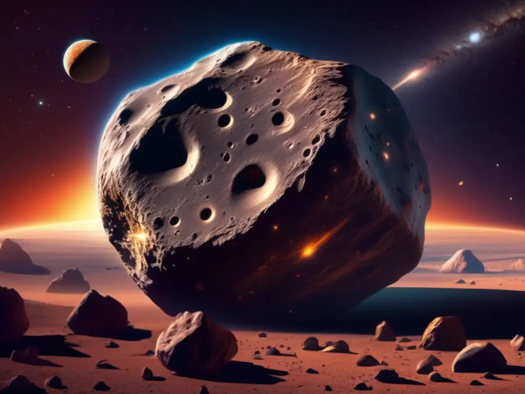 A captivating photorealistic depiction of a massive asteroid, possibly Asteroid Minerva, hurtling through space between the sun and a distant planet